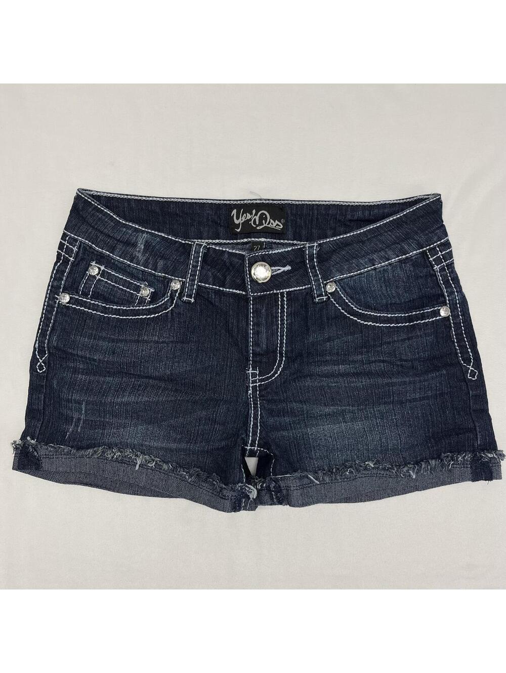Y2K Yes! Miss Blue Denim Low Rise Cuffed Mini Shorts With White Stitching Sz 27